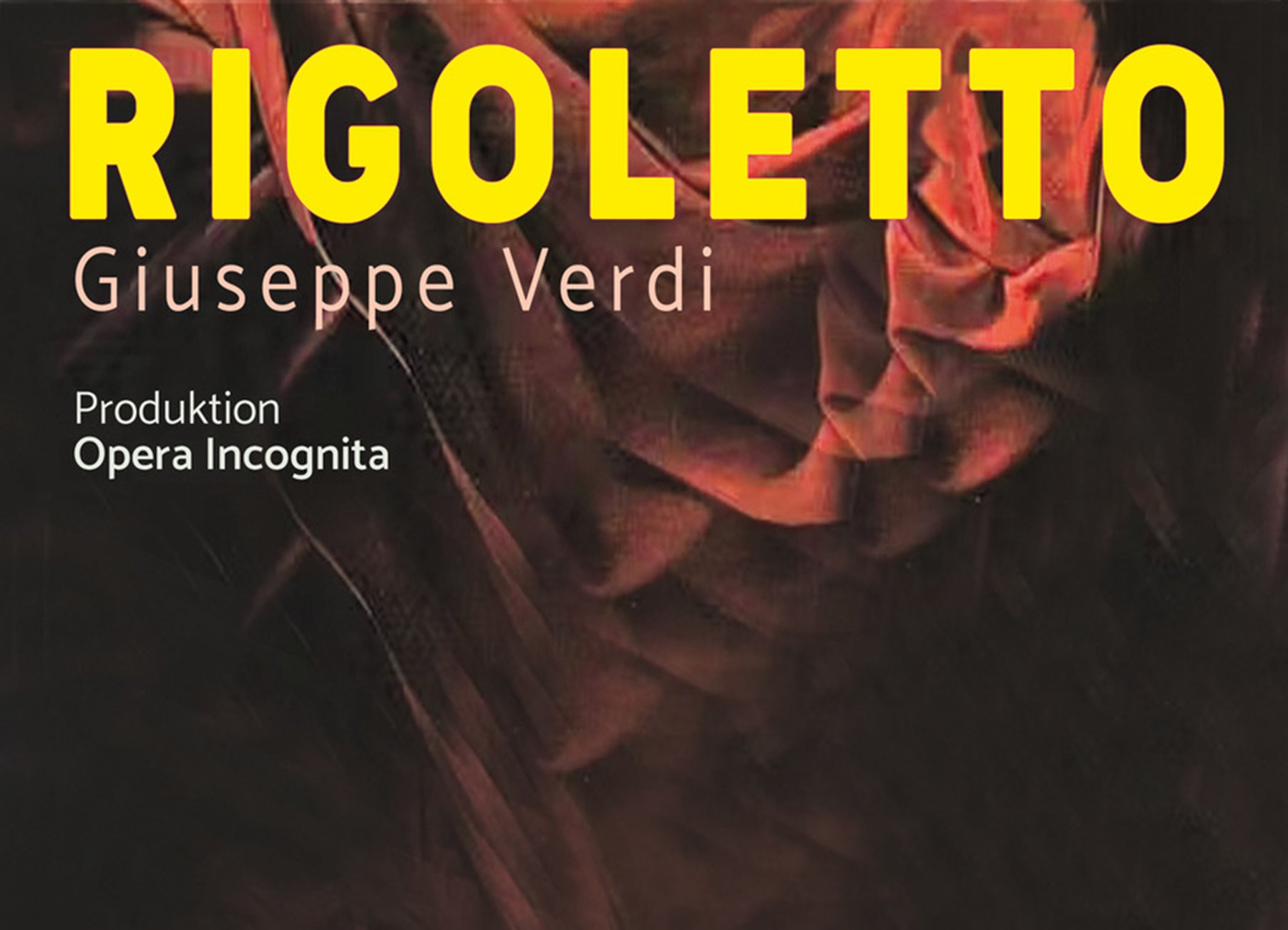 Rötliches Veranstaltungsplakat für Rigoletto mit gelber Schrift.