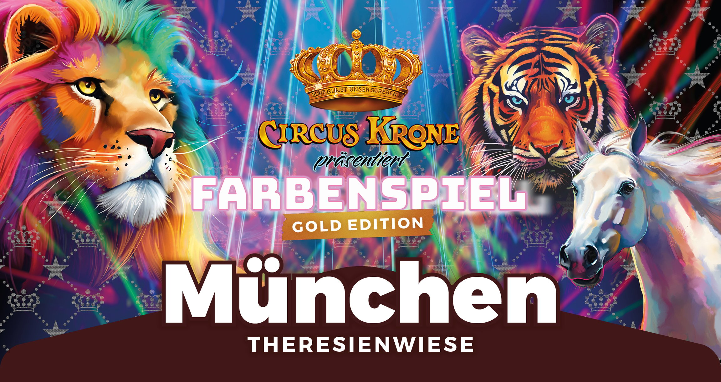 Circus Krone Plakat mit bunten Farben und Tieren aus dem Zirkus