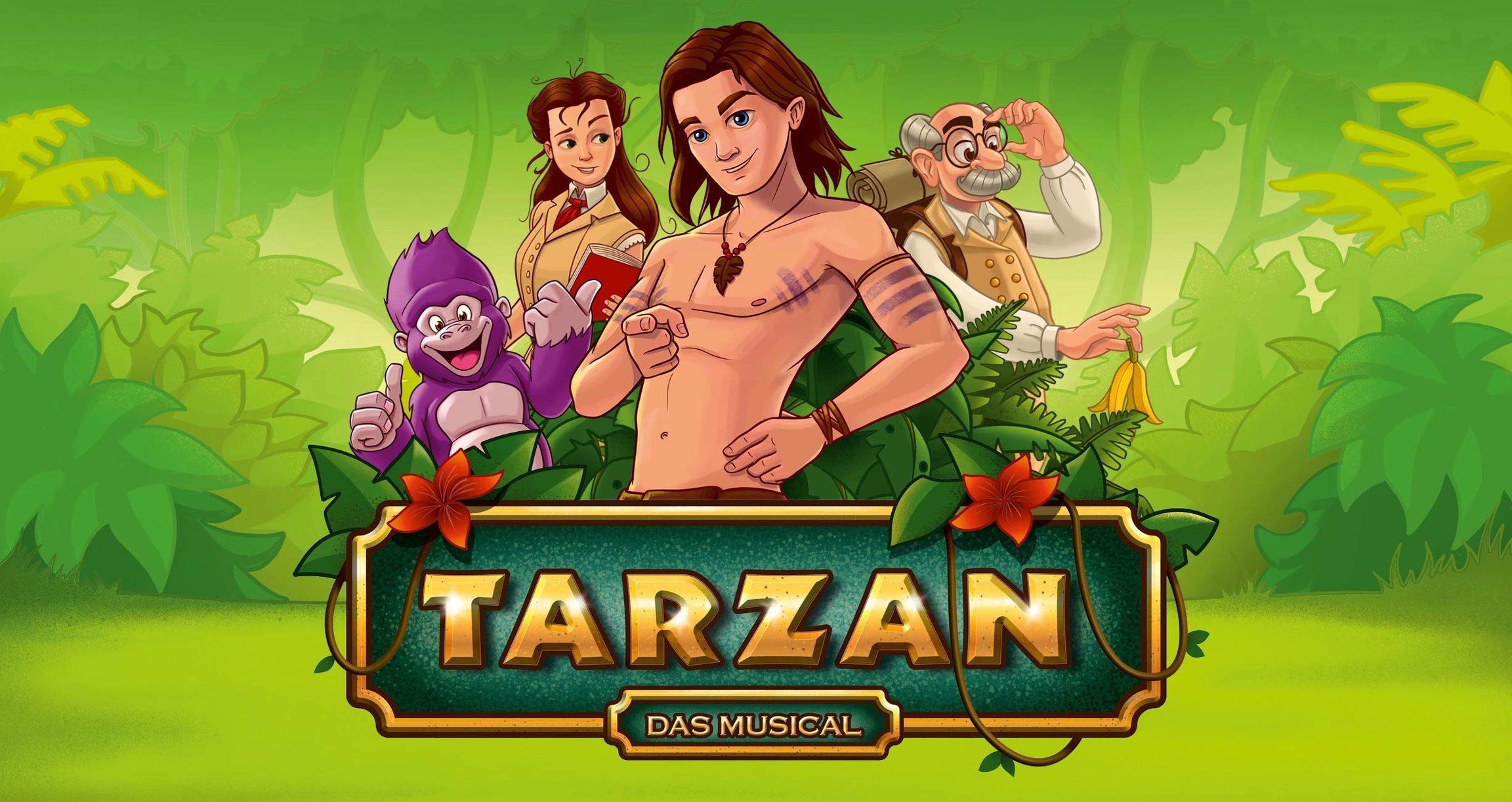 Animiertes Bild auf dem Tarzan, ein Affe, eine junge Frau und ein älter Professor zu sehen sind.