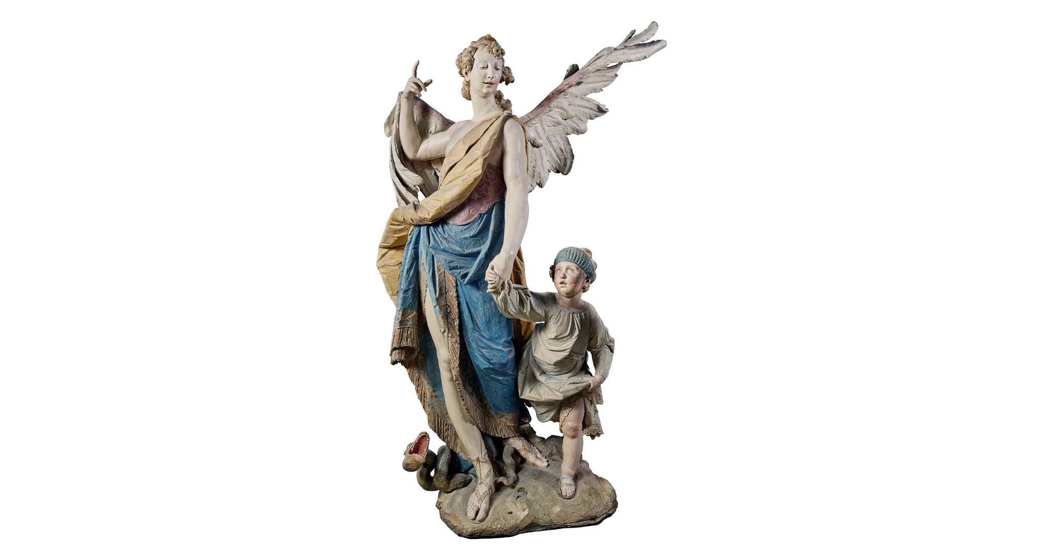 Statuette eines Schutzengels mit kleinem Jungen an der Hand