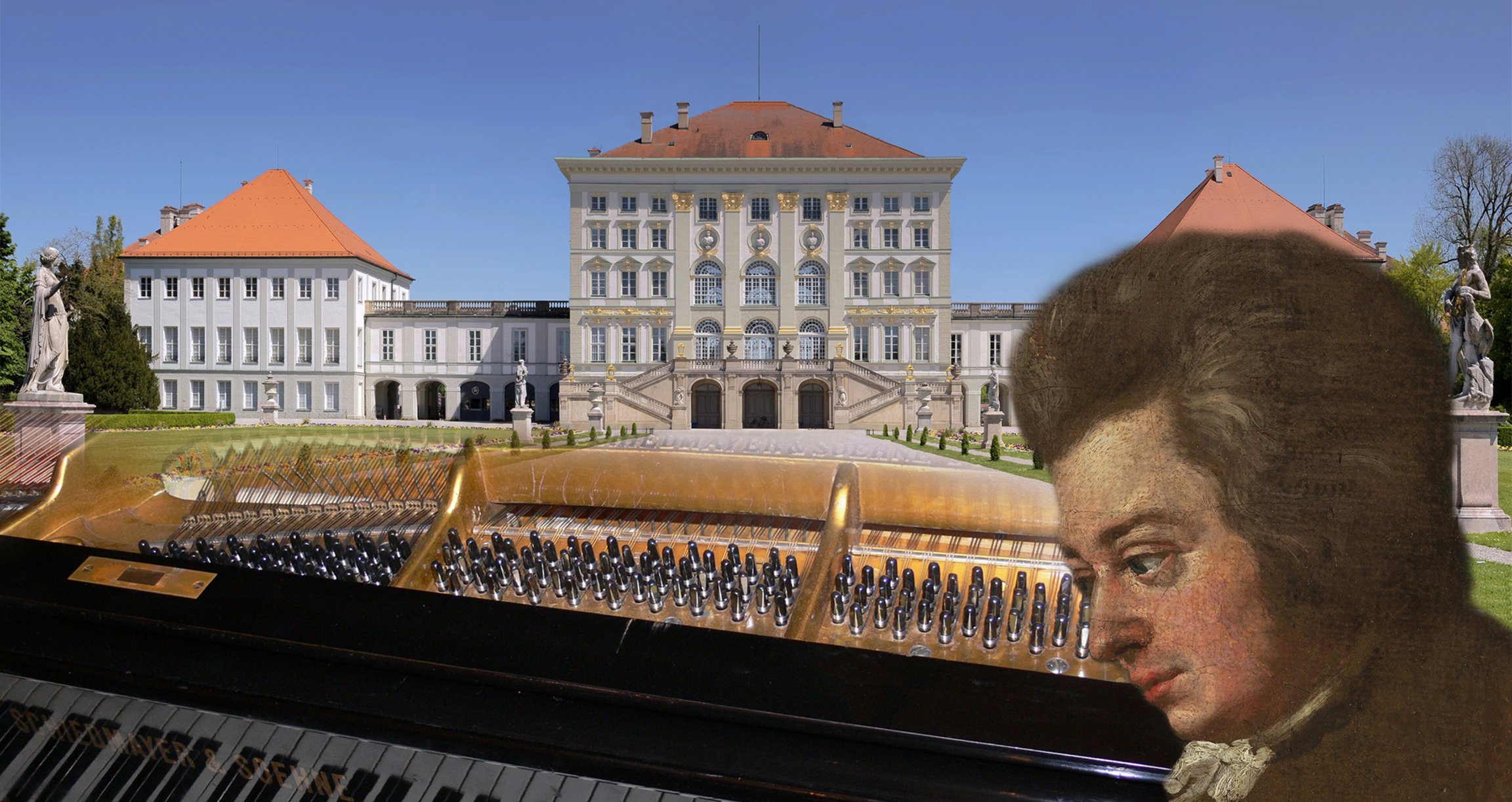 Eine Collage bestehend aus einer Person, dem Schloss Nymphenburg und einem Klavier