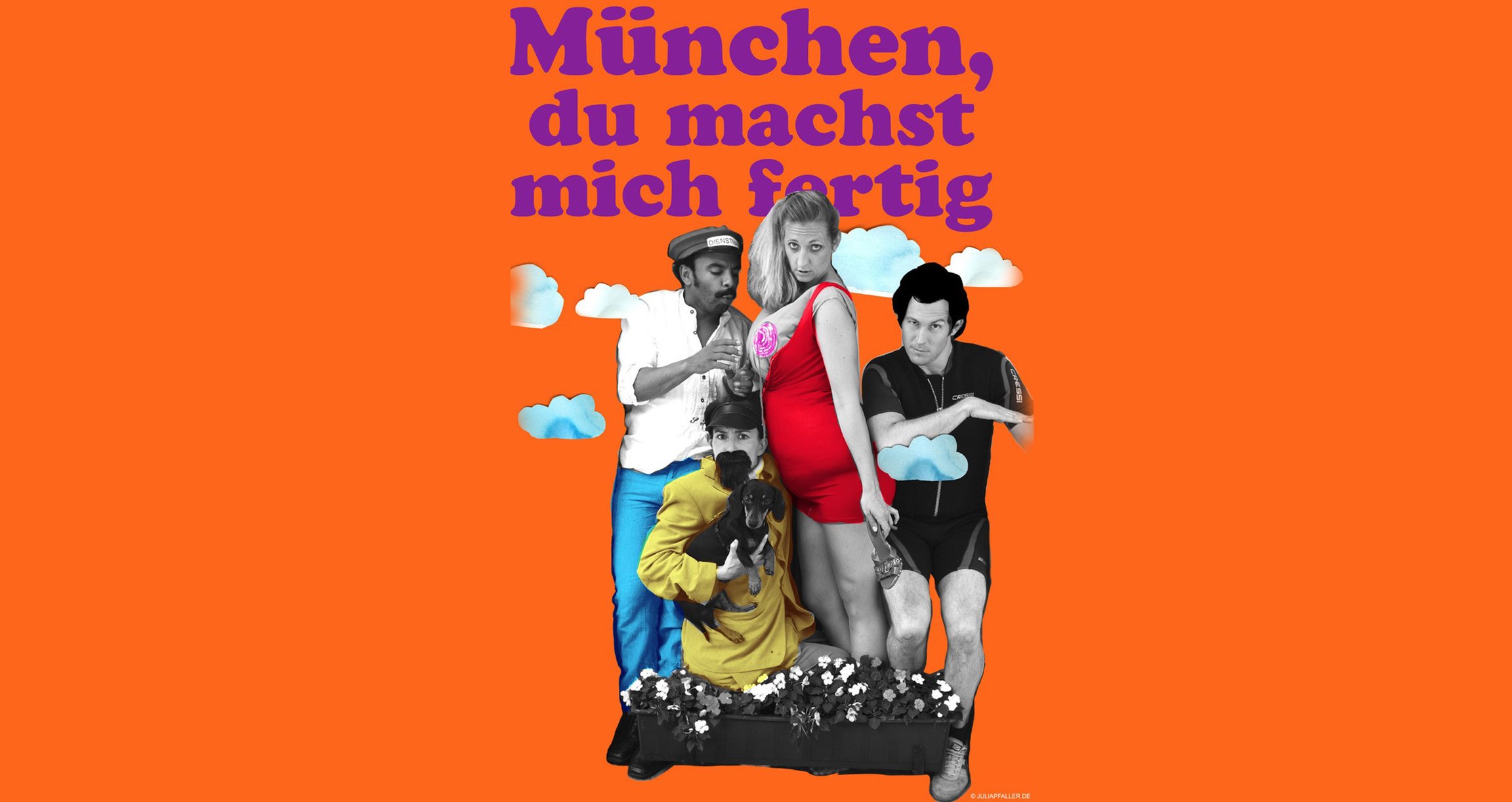 Filmplakat für "München, du machst mich fertig" gestaltet in lebhaften Farben und den Hauptdarstellern.